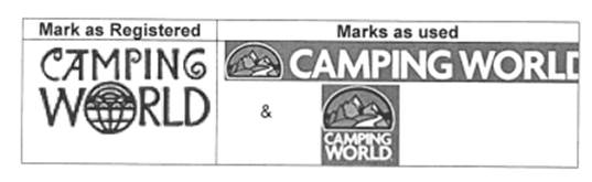 Comparison of registered Camping World design mark and marks as used.